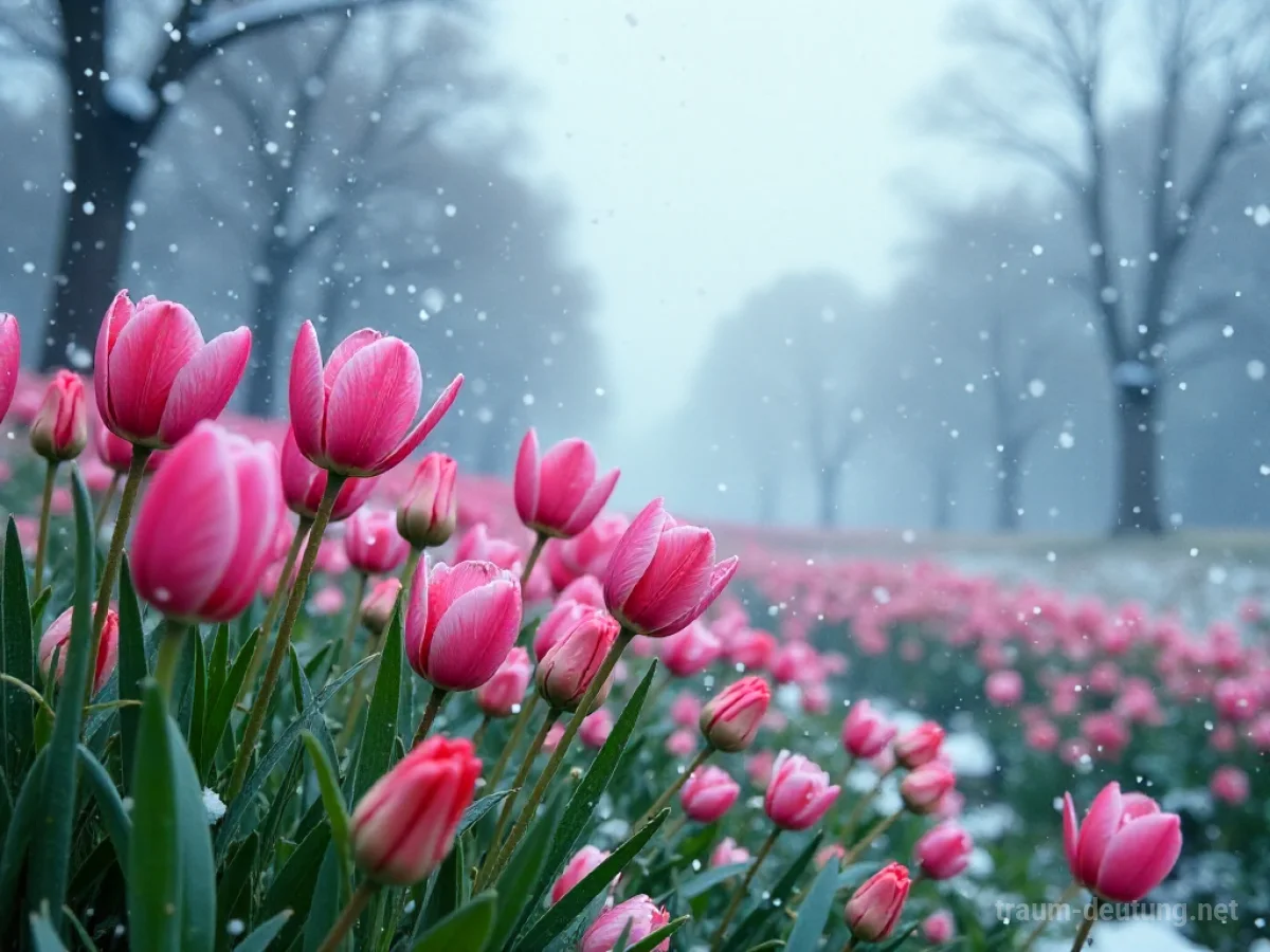 Frühlingsblumen im Vordergrund, Schneesturm im Hintergrund