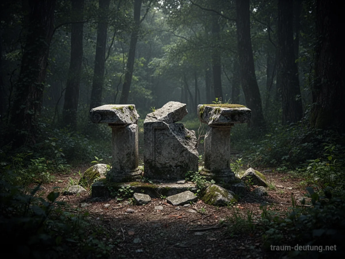 Ein zerbrochener Steinaltar in einem dunklen, zugewachsenen Wald.