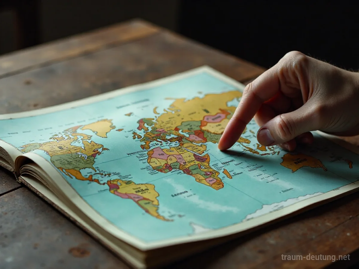 Eine Hand zeigt auf eine Karte in einem geöffneten Atlas.
