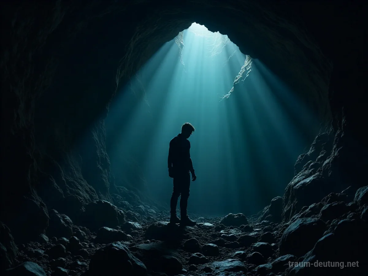 Silhouette einer Person in einer engen Höhle, die nach Luft ringt