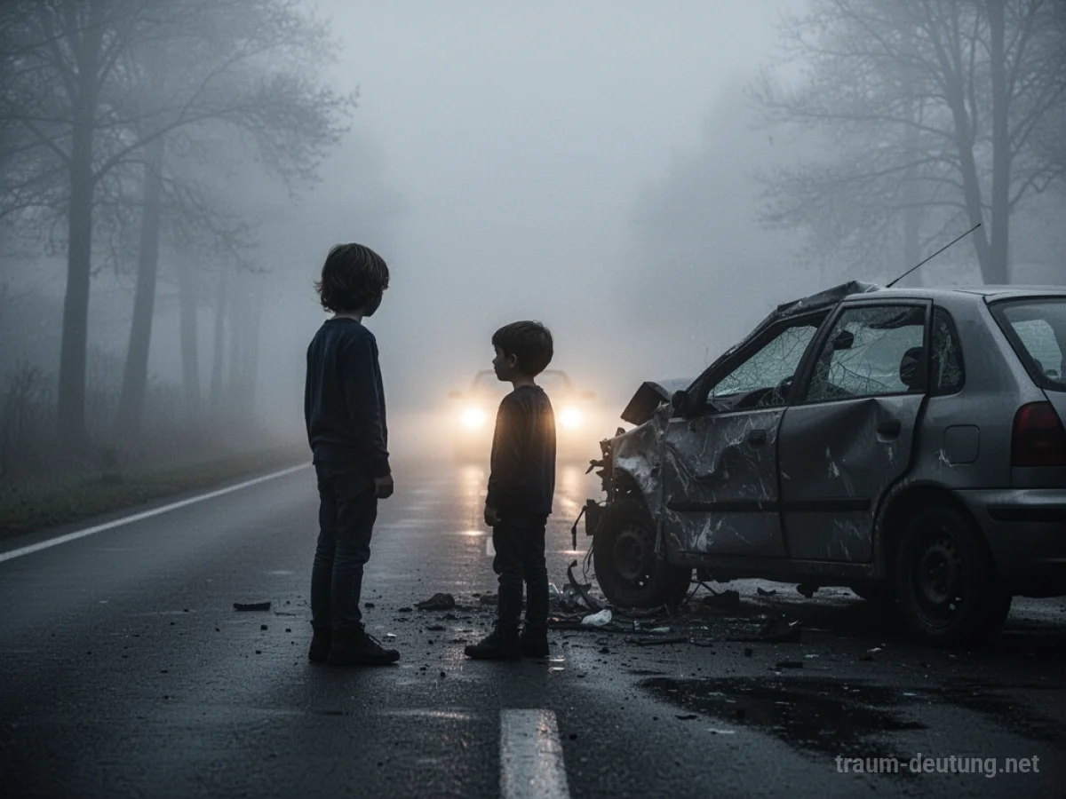 Silhouetten eines Kindes neben einem beschädigten Auto auf einer nebligen Straße