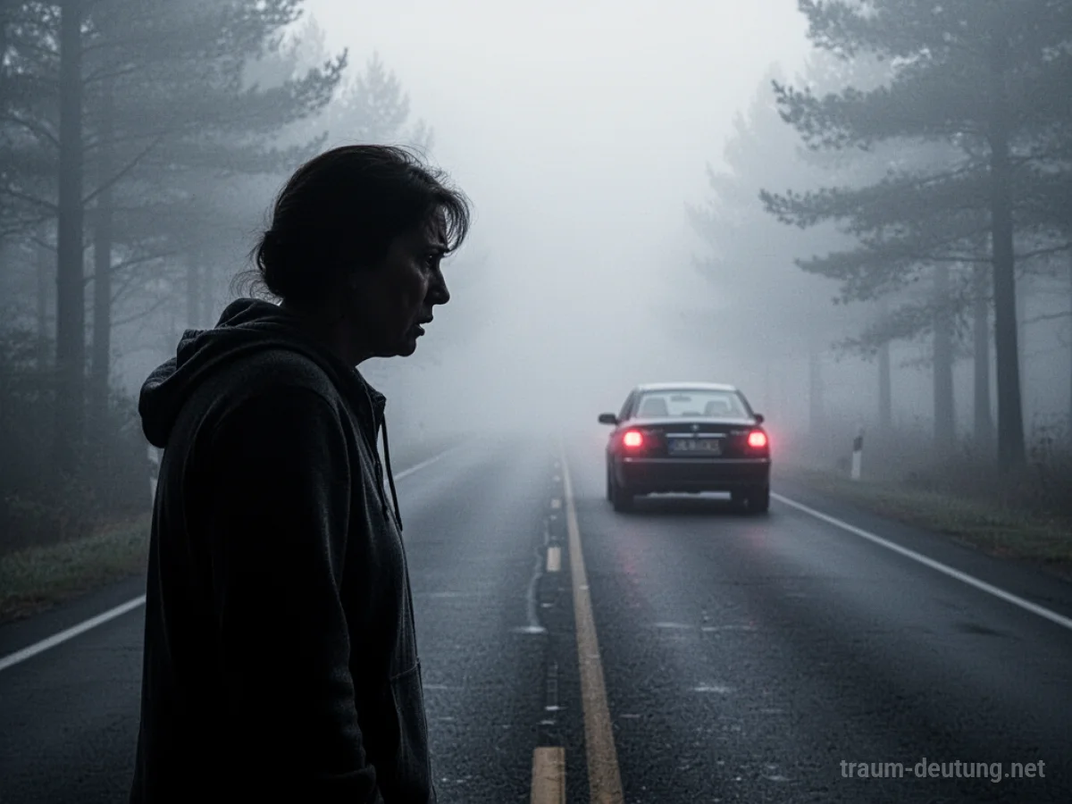 Silhouette einer besorgten Person, die einem Auto auf einer nebligen Straße zusieht.