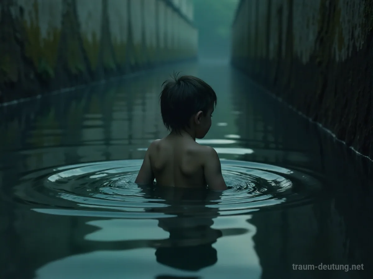 Kind steht im dunklen Abwasser, die Umgebung ist trostlos.