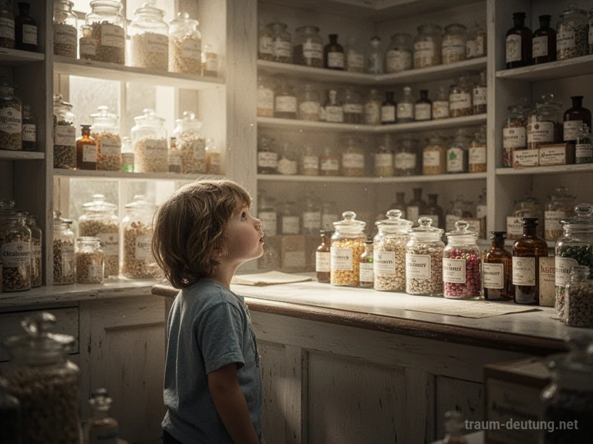 Kind steht vor einem Tresen in einer Apotheke, umgeben von Regalen mit Flaschen.