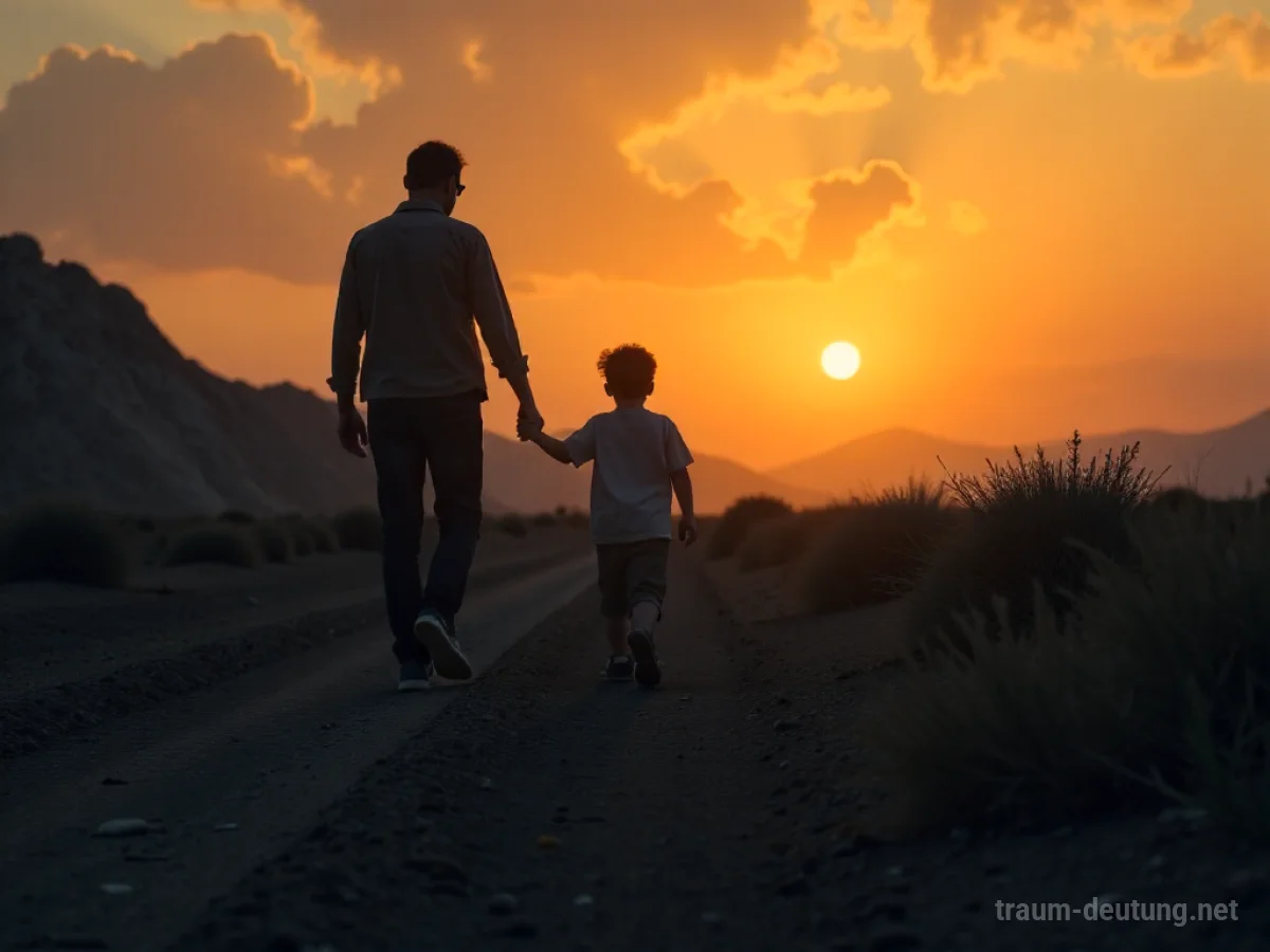 Silhouette einer Person, die ein Kind an der Hand hält und sich von einer kargen Landschaft zu einem Licht bewegt.