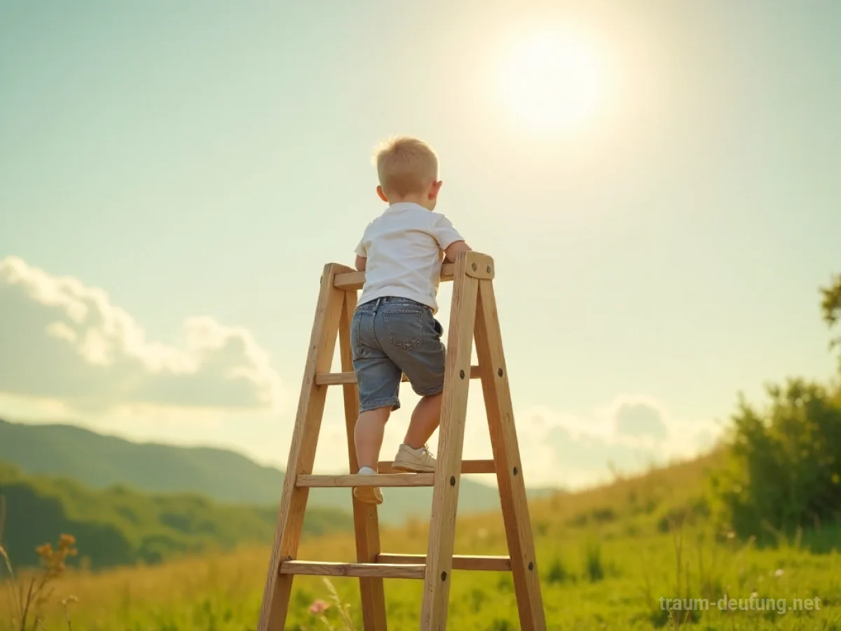 Ein Kind klettert eine Leiter empor in Richtung Himmel.
