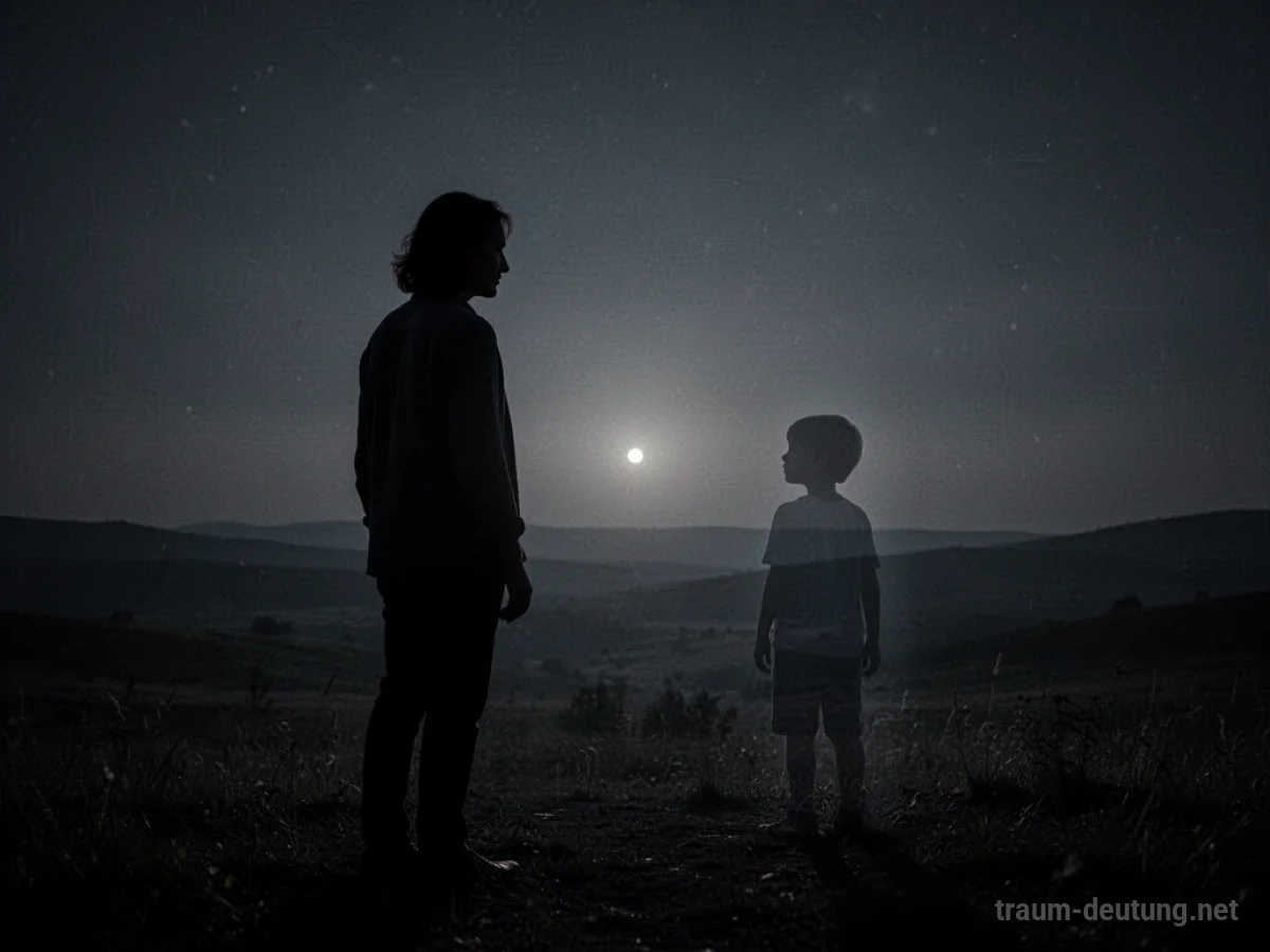 Silhouetten von Eltern und Kind in dunkler Landschaft