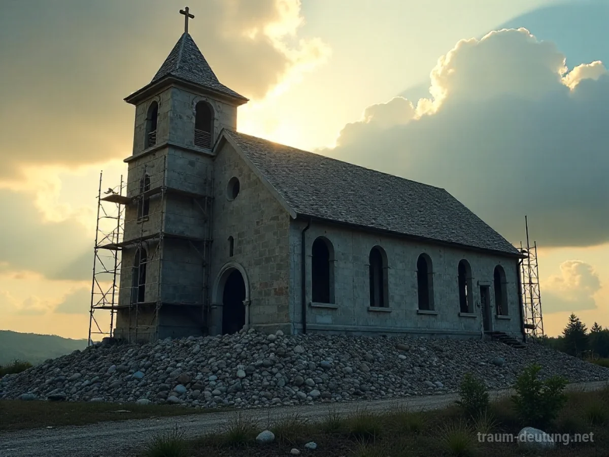 Abgerissene Kirche mit Gerüsten und Schutt, Sonnenlicht bricht durch die Wolken.