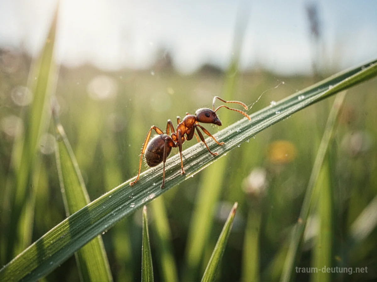 Kleine Ameise krabbelt auf einem Grashalm in einer sonnigen Wiese.