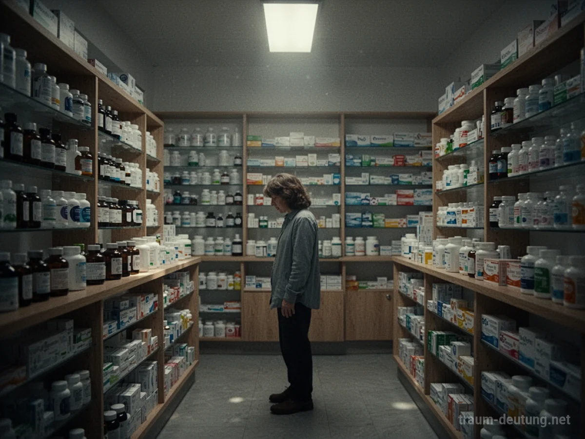 Eine Person steht in einer dunklen Apotheke und blickt sich ratlos um.