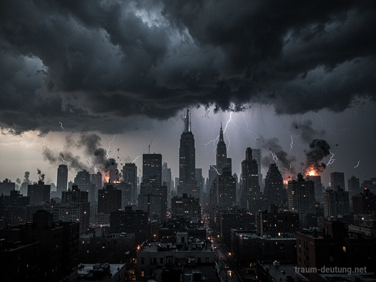 Dunkle Wolken über einer Stadtsilhouette, die Krieg im Traum symbolisieren.