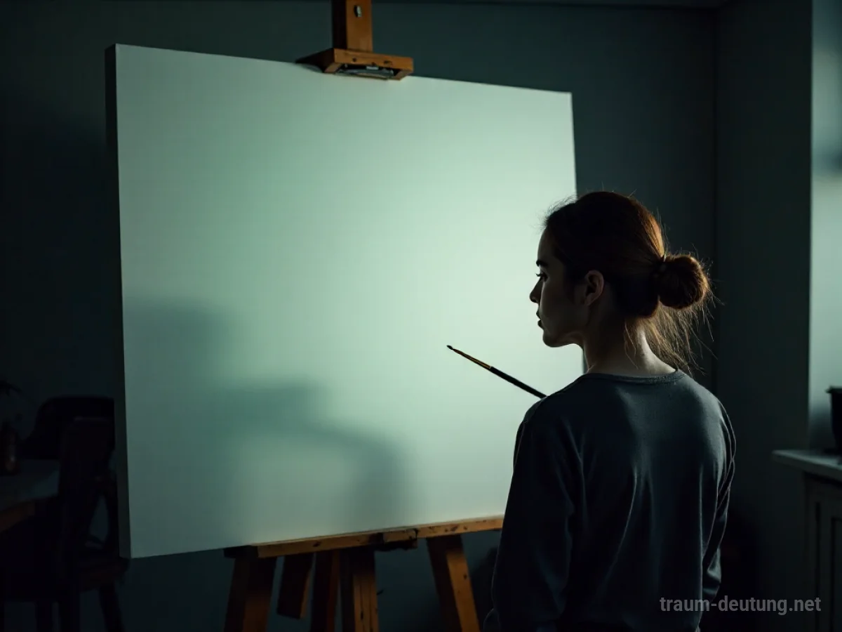 Eine Person mit Pinsel vor einer Leinwand in einem Atelier.