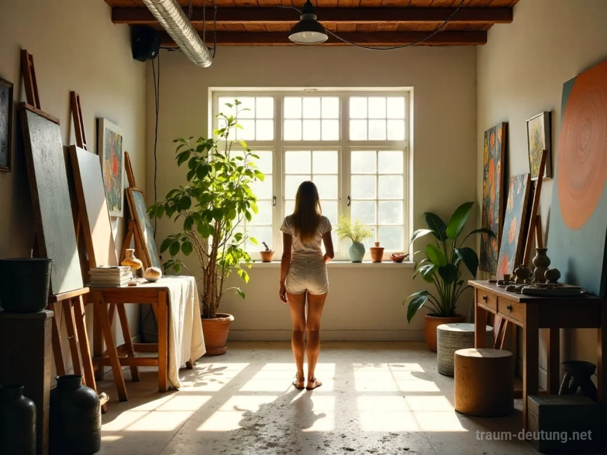 Eine Person steht in einem hellen, lichtdurchfluteten Künstleratelier voller Kunstwerke.