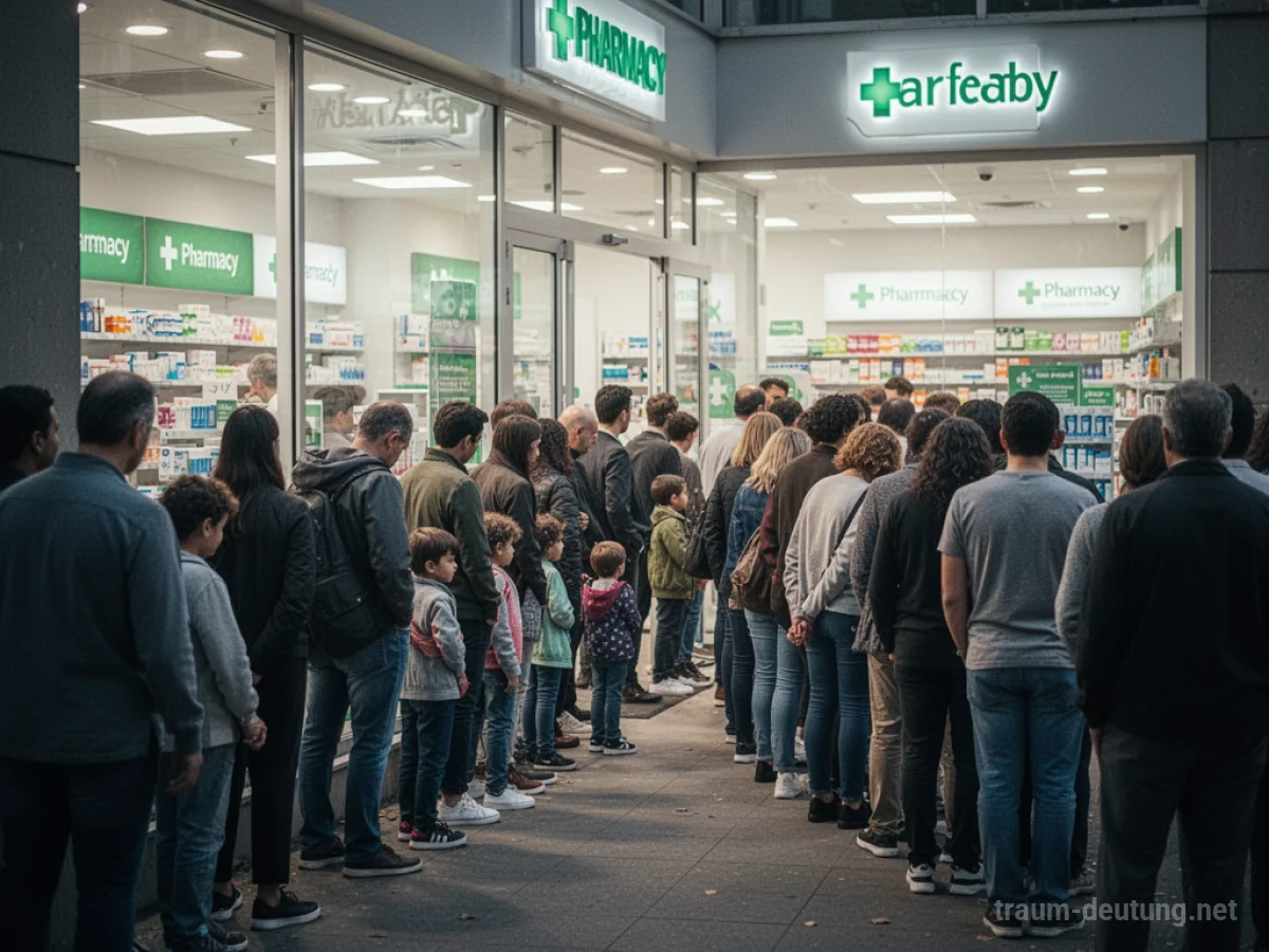 Eine lange Schlange wartet geduldig vor einer Apotheke.