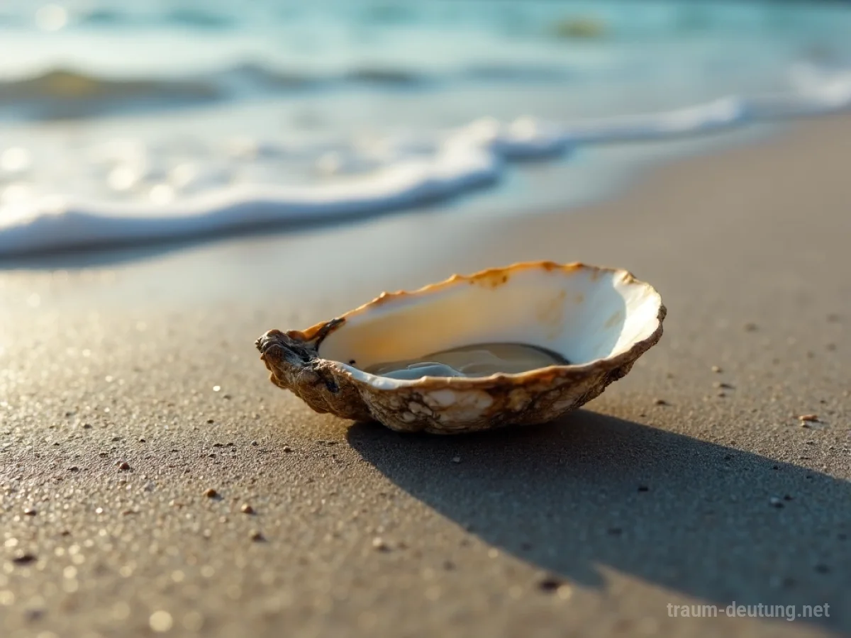 Eine leere, leicht gesprungene Austerschale liegt im nassen Sand am Strand.