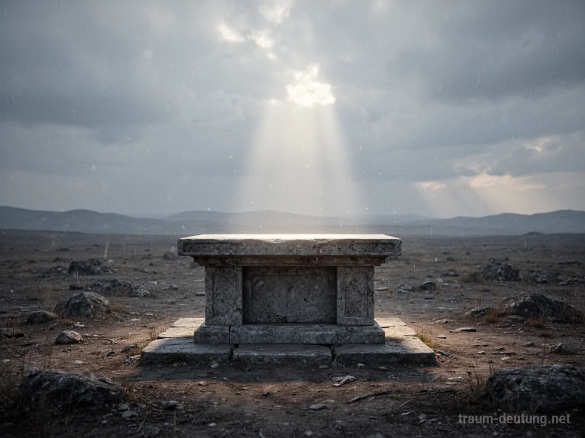 Ein leerer Steinaltar in einer weiten Landschaft mit einem Lichtstrahl von oben.