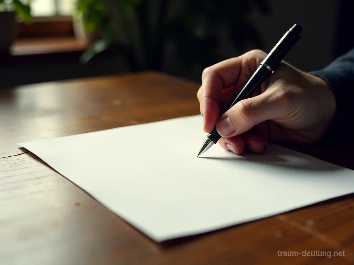 Eine Hand hält einen Stift über einem leeren Blatt Papier.