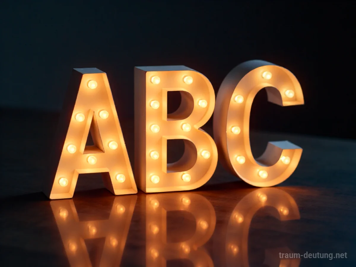 Leuchtende ABC-Buchstaben schweben in einem dunklen Raum und strahlen Licht aus.