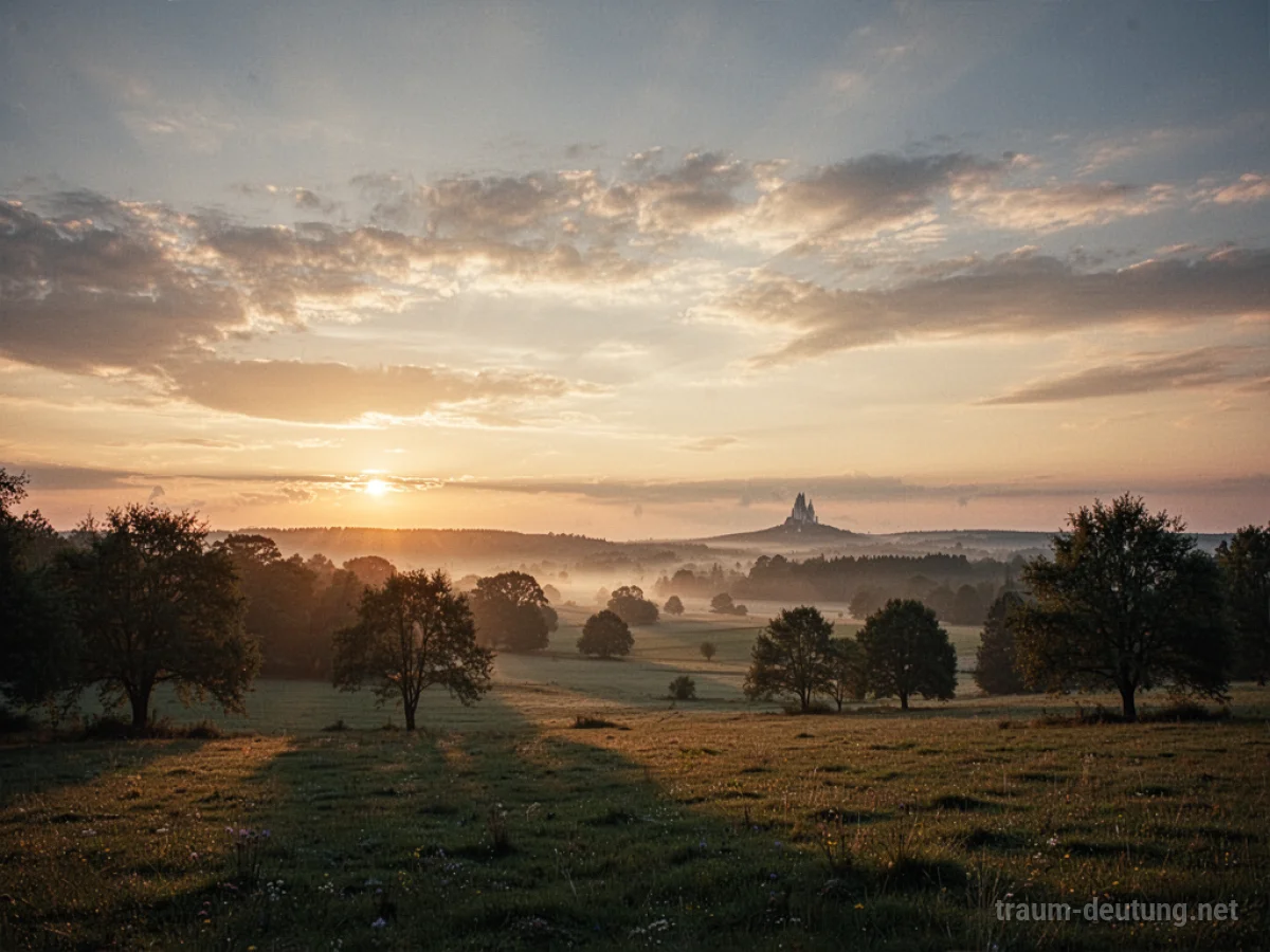 Friedlicher Abendhimmel mit warmem, goldenem Licht über einer ruhigen Landschaft.