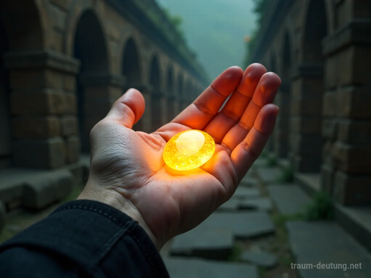 Hand trägt ein leuchtendes Amulett mit warmem Licht.