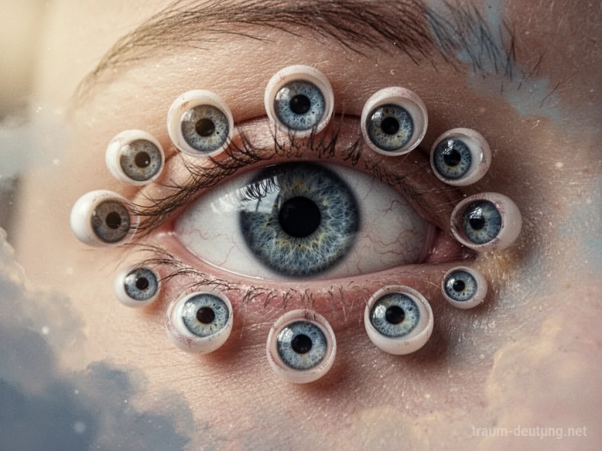 Ein menschliches Auge, umgeben von mehreren kleineren Augen, die sich öffnen.