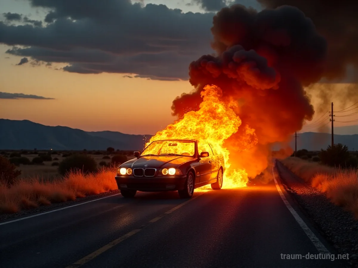 Ein Auto, das auf einer einsamen Straße brennt