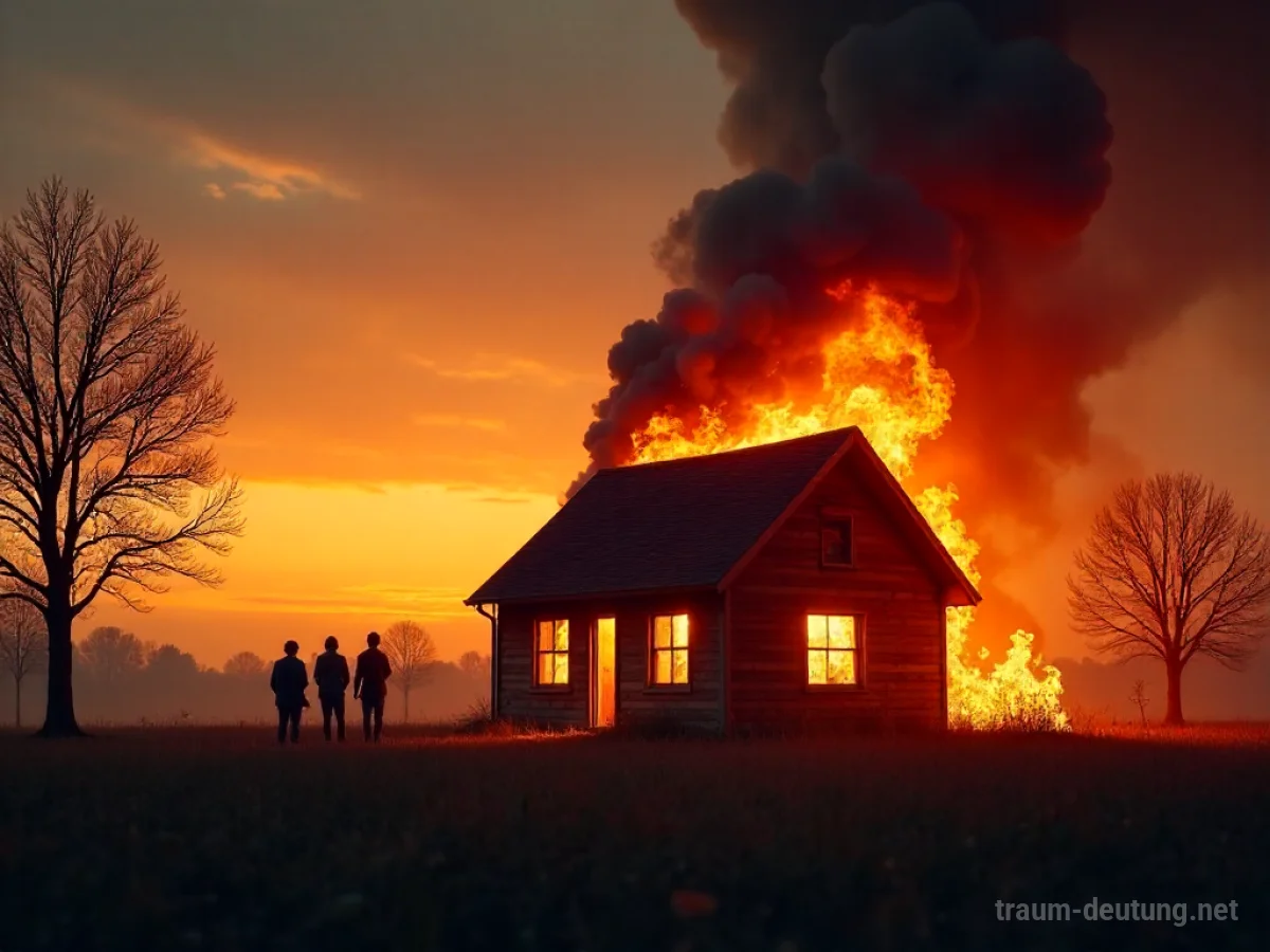 Ein Haus steht in Flammen, Menschen beobachten aus sicherer Entfernung.