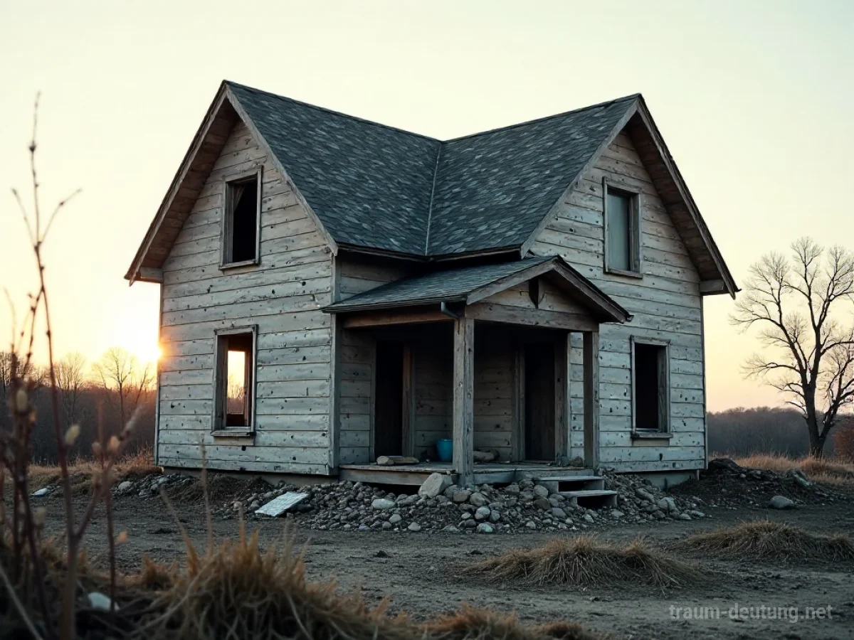 Ein Haus wird im Traum abgerissen, mit freiliegenden Wänden und Trümmern.