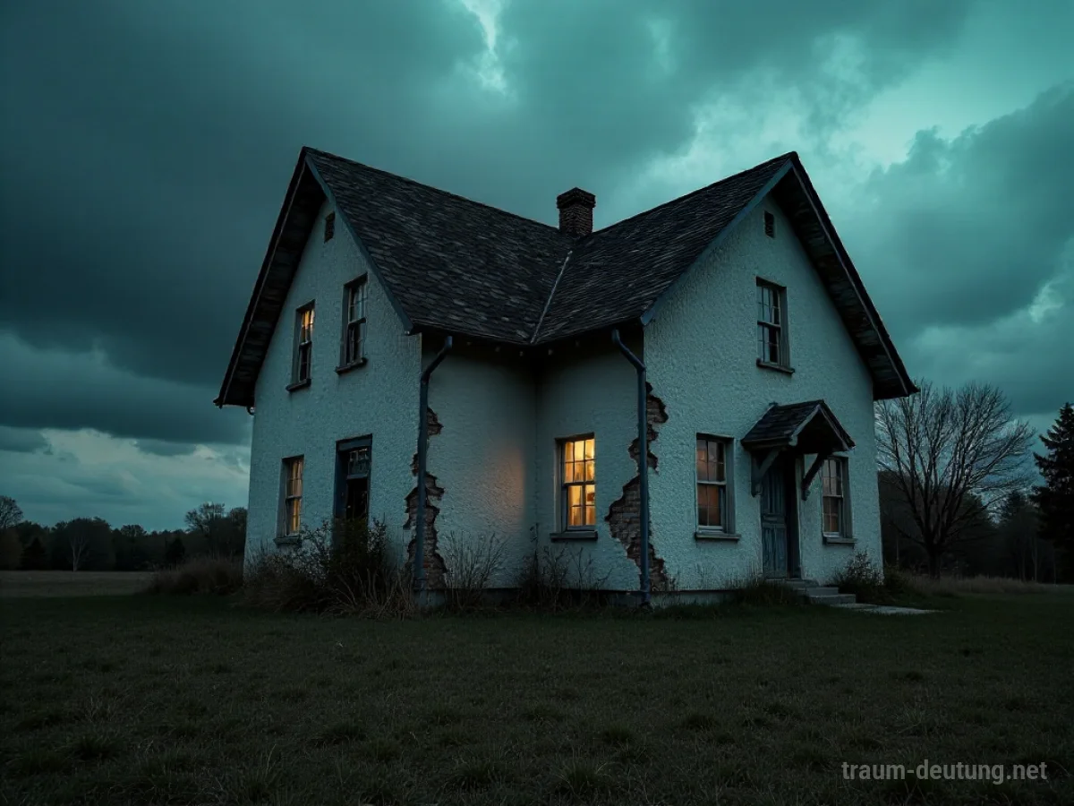 Ein Haus mit Rissen und zerfallenden Mauern unter einem stürmischen Himmel.