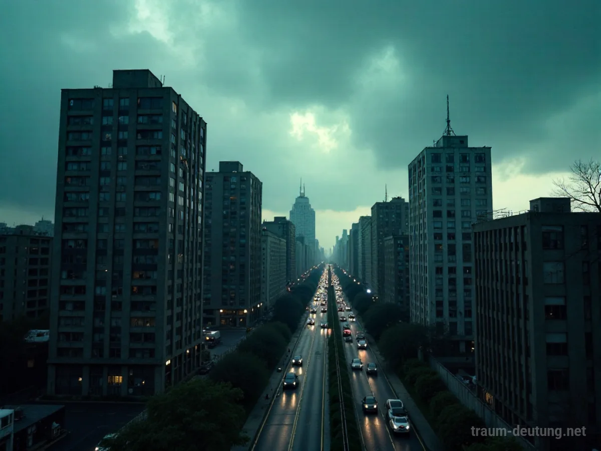 Stadtbild mit schiefen Gebäuden unter stürmischem Himmel