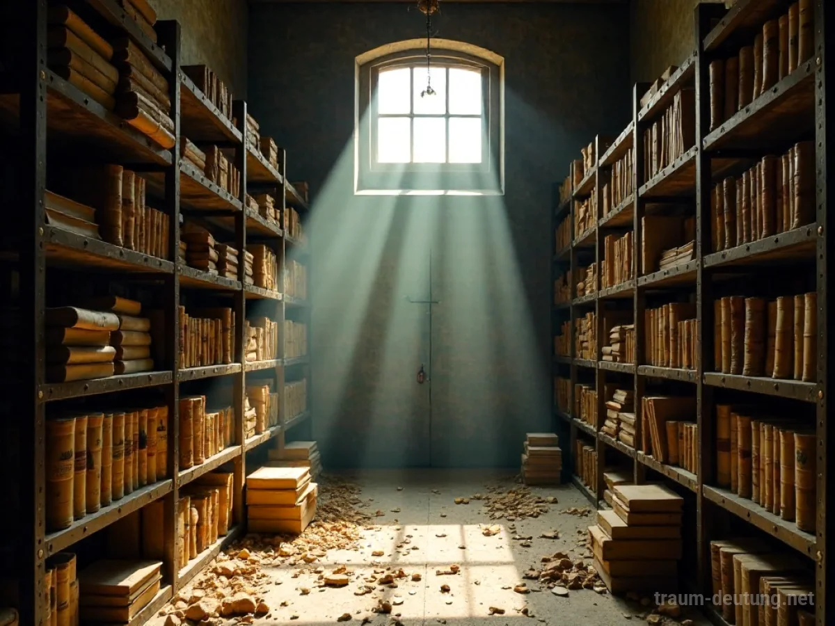 Staubiges Archiv mit Regalen voller alter Bücher und Dokumente