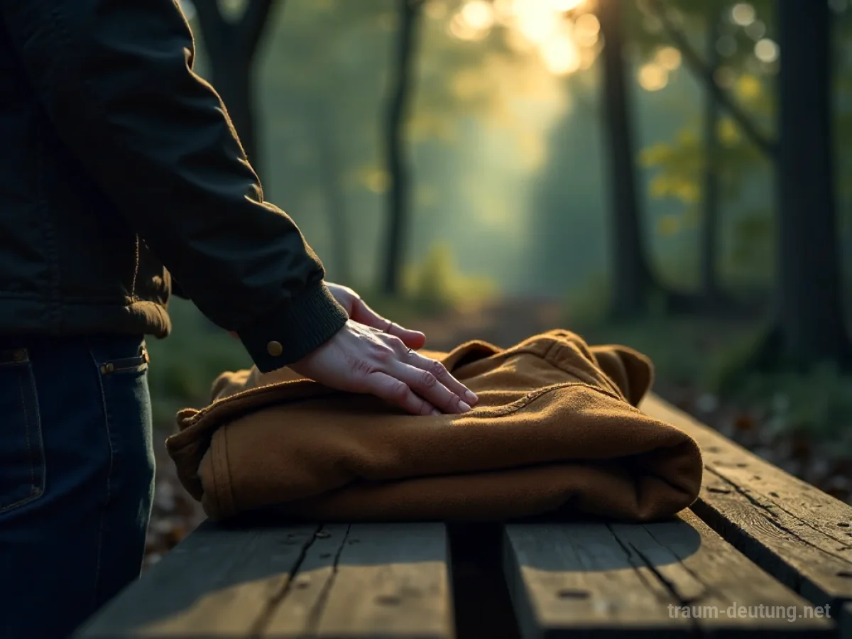 Hände greifen nach einem Anorak auf einer Holzbank im Wald.