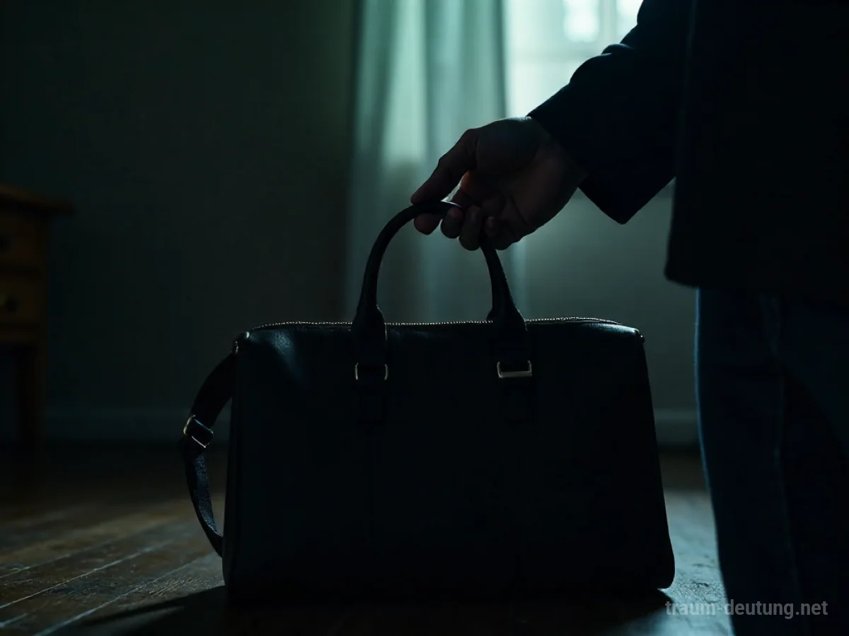 Schattenhafte Figur entnimmt Gegenstand aus einer Handtasche, dunkler Hintergrund.