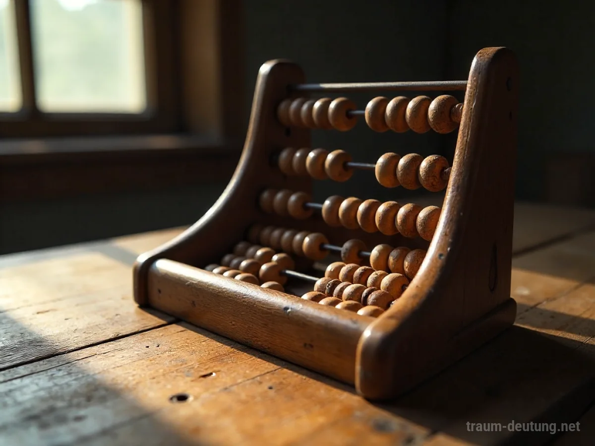Holz-Abakus mit Perlen auf einem Schreibtisch.