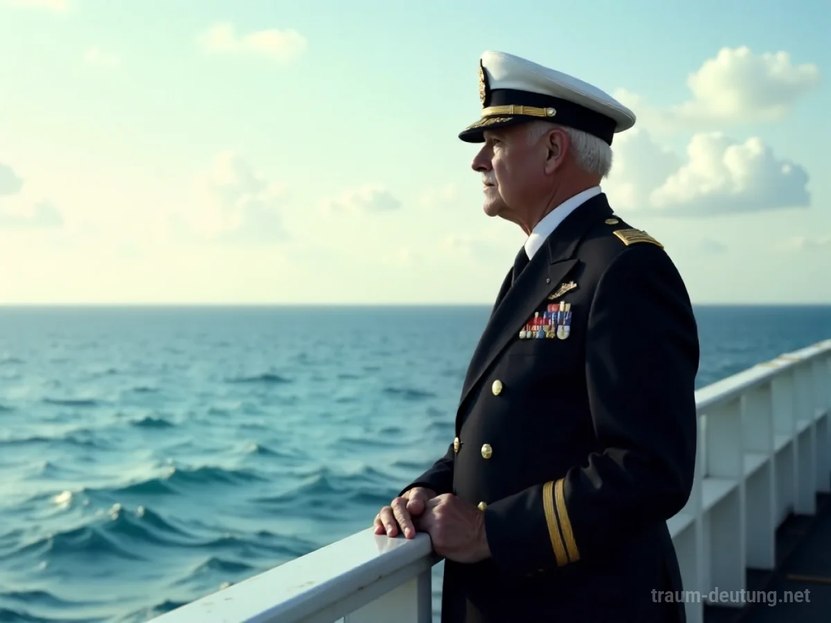Ein Admiral in Uniform steht auf einem Schiff und blickt auf das Meer.