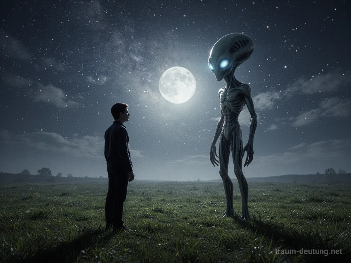 Mensch steht einem Alien auf einem Feld unter Sternenhimmel gegenüber