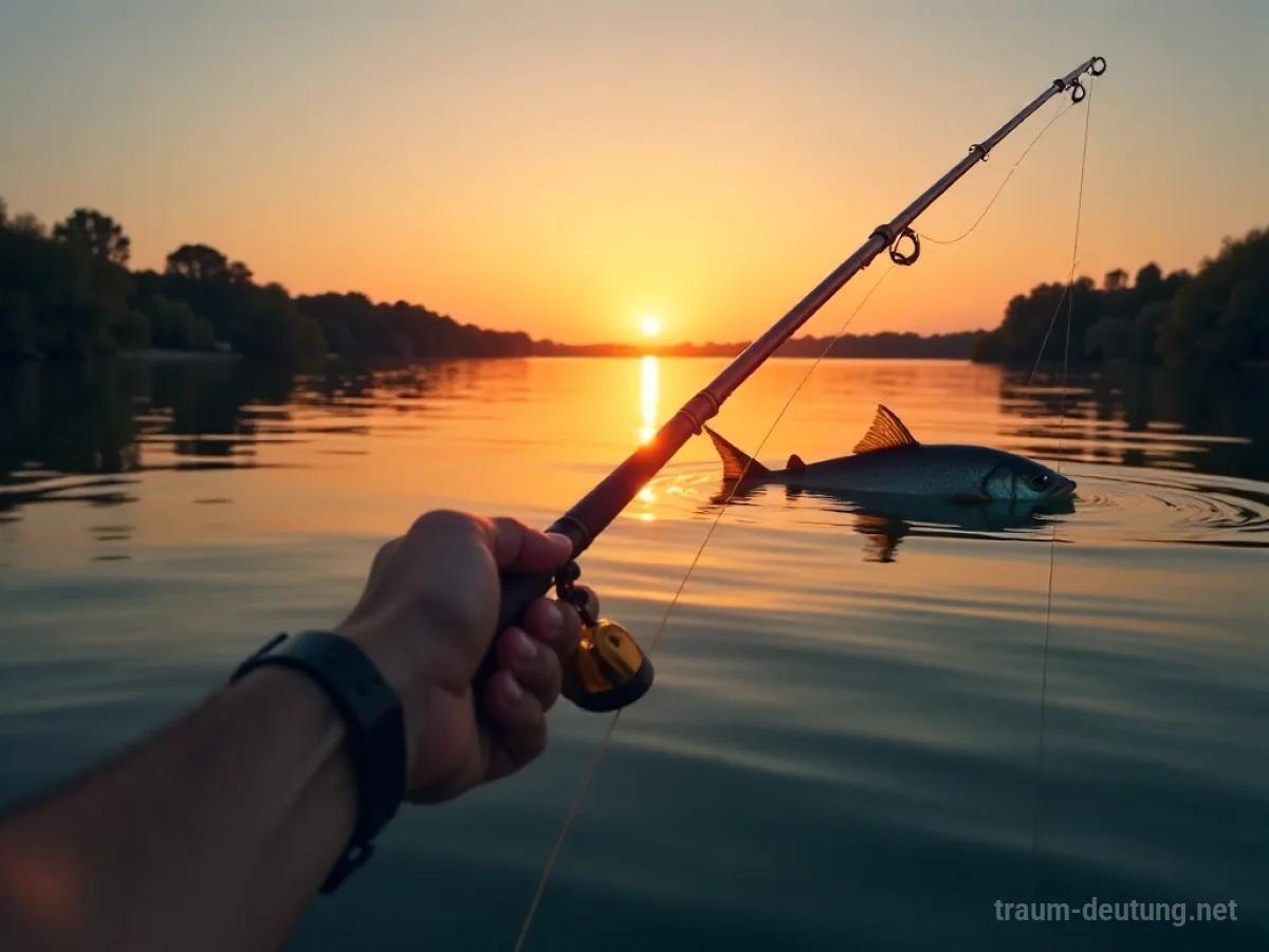 Angelrute mit großem Fisch im Wasser bei Sonnenaufgang