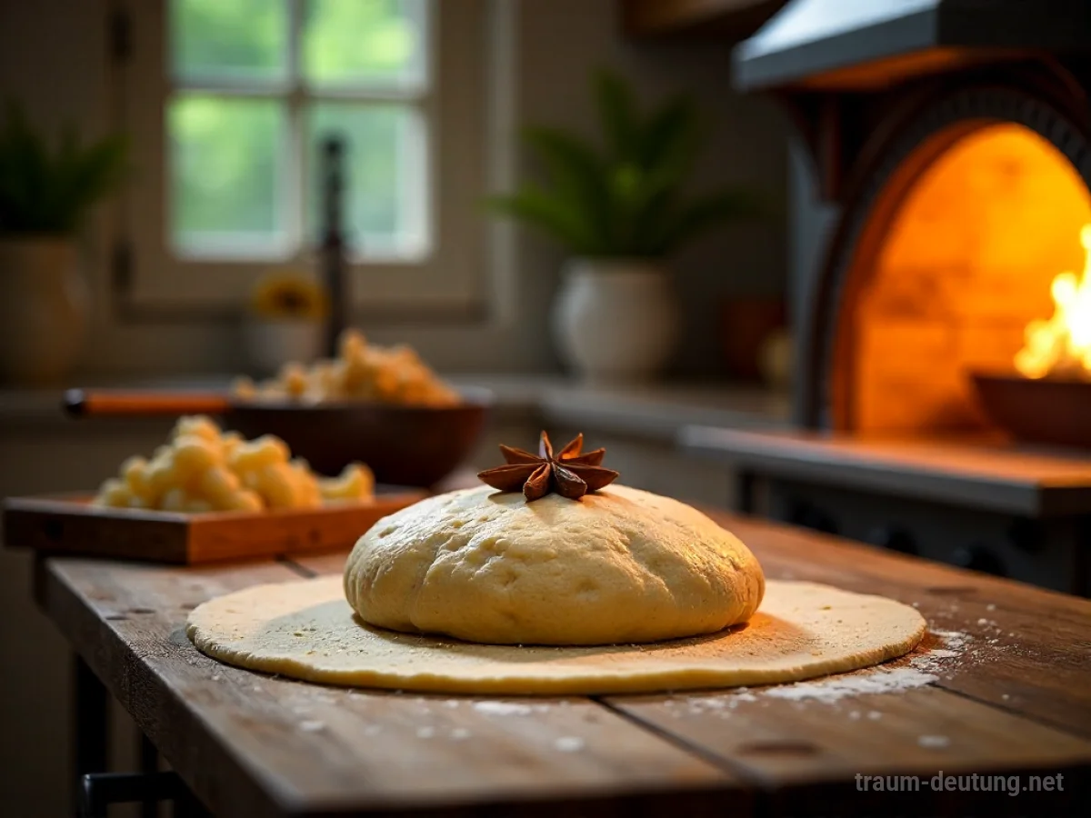 Eine warme Küche, in der mit Anis gebacken wird, mit Teig auf einer Holzplatte.