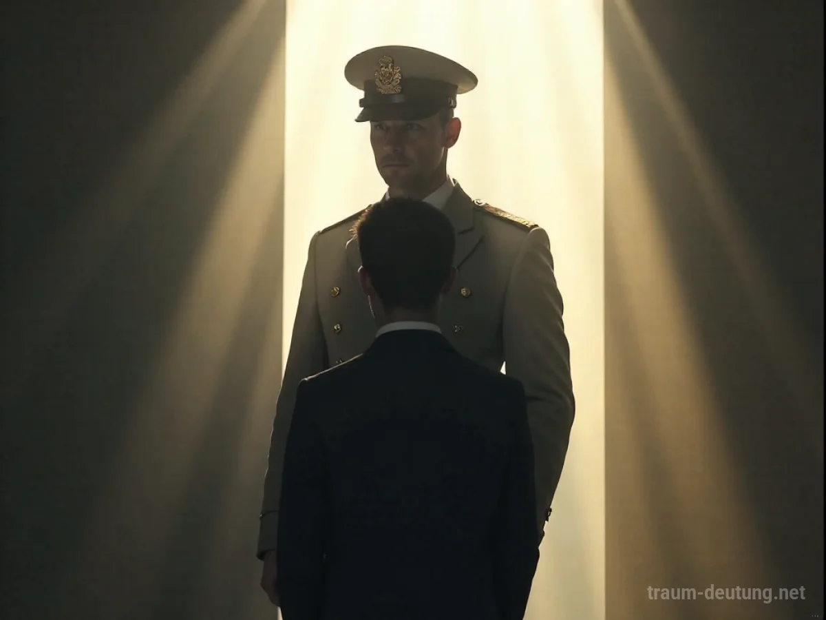 Eine Person steht vor einem ernsten Armeegeneral, beide als Silhouetten vor hellem Licht.