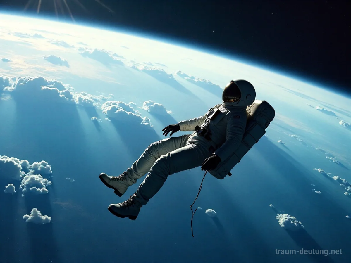 Person schwebt neben Astronaut im Weltraum, Erde in der Ferne sichtbar.
