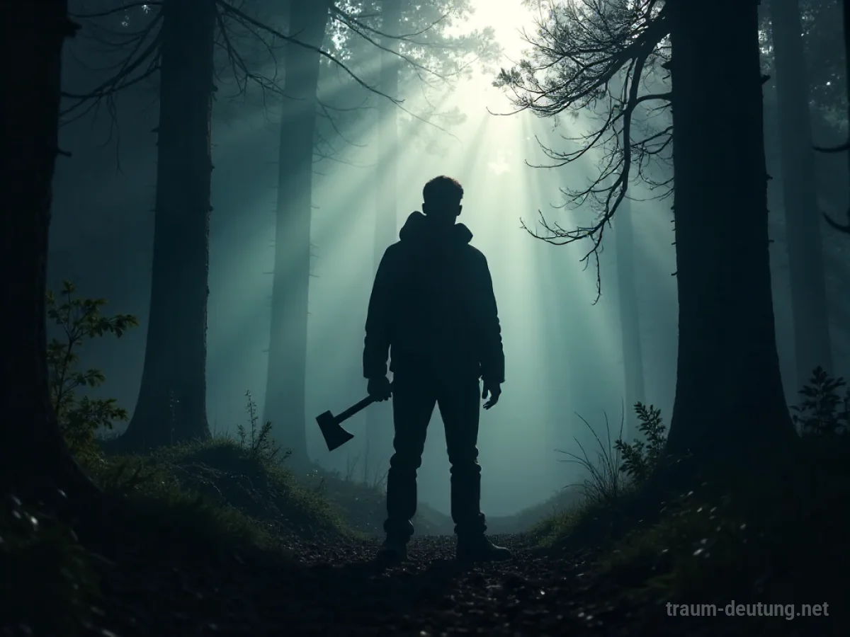 Schattenhafte Figur mit Axt in einem düsteren Wald