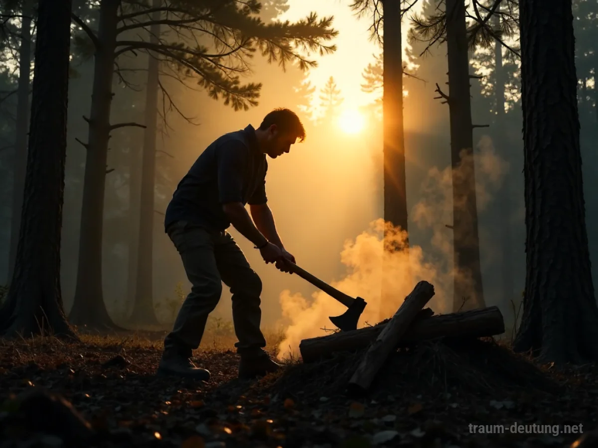 Eine Person hackt mit einer Axt Holz in einem sonnigen Wald.