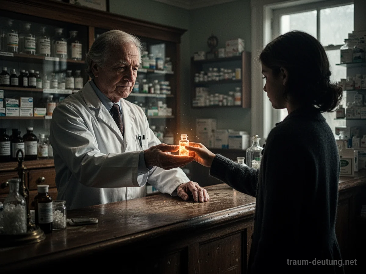 Ein Apotheker überreicht einem Schatten eine leuchtende Phiole hinter einem Tresen.