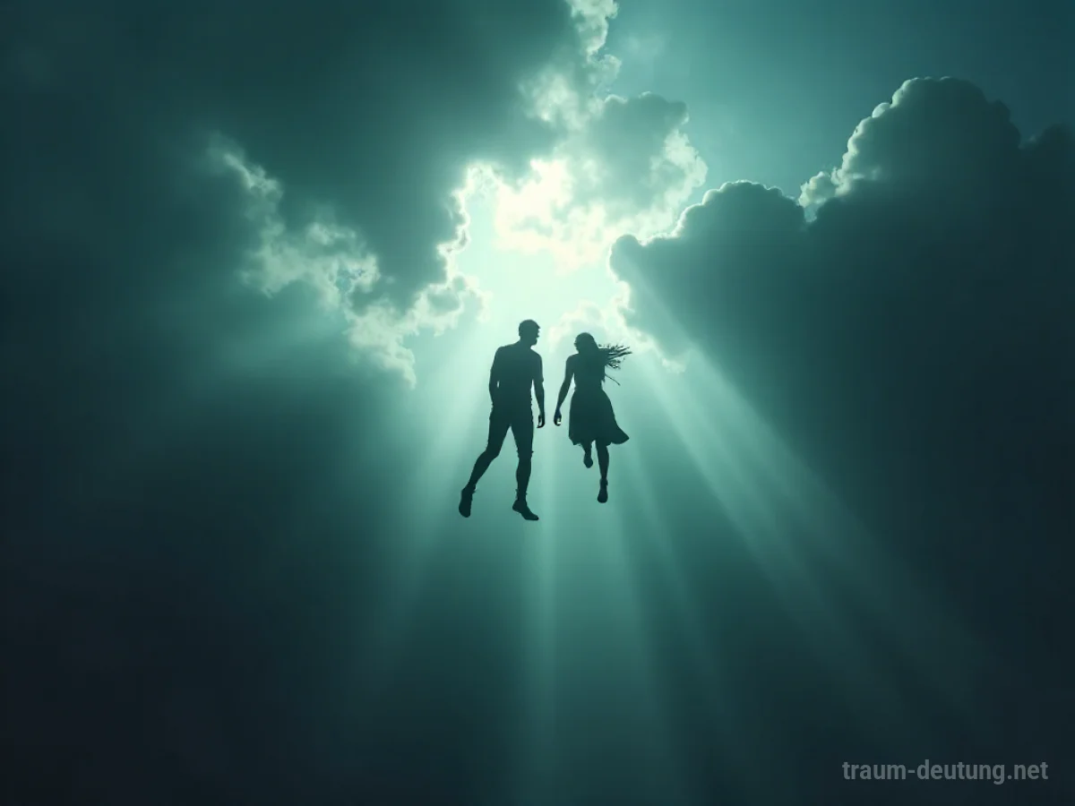 Zwei Silhouetten fallen gemeinsam durch einen dunklen Himmel.
