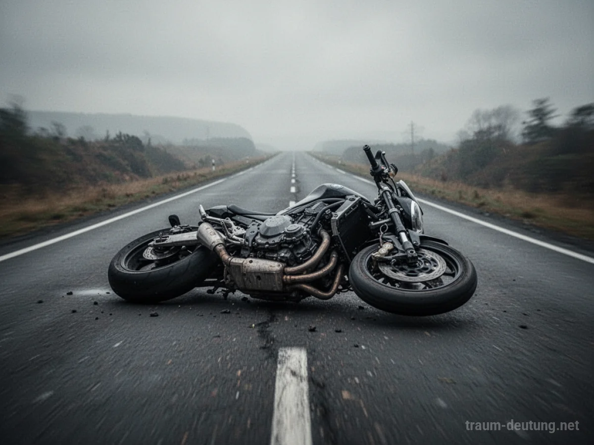 Motorrad liegt auf der Seite auf einer einsamen Straße nach einem Absturz.