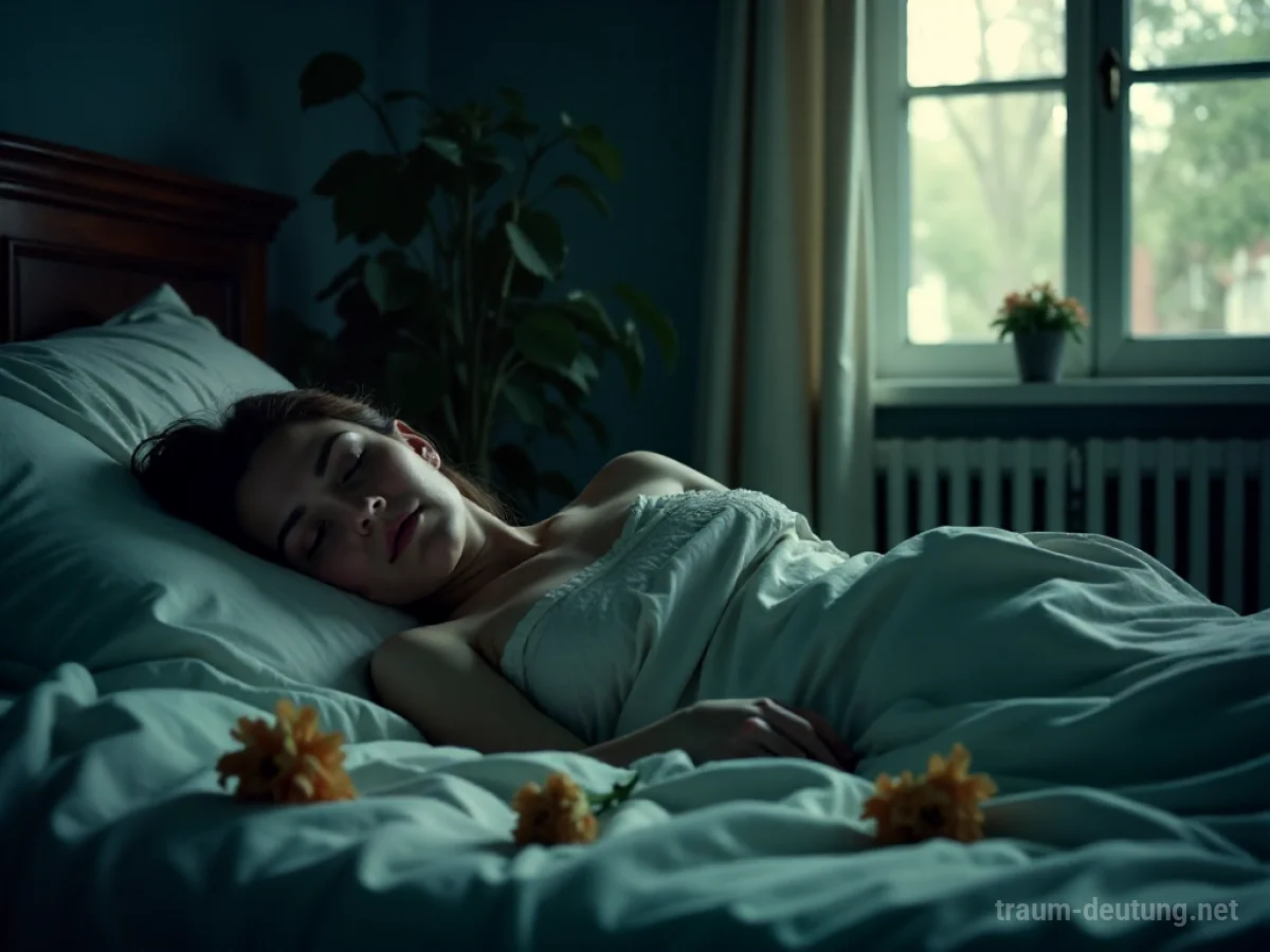 Eine Mutter liegt friedlich aufgebahrt im Bett, umgeben von Blumen.
