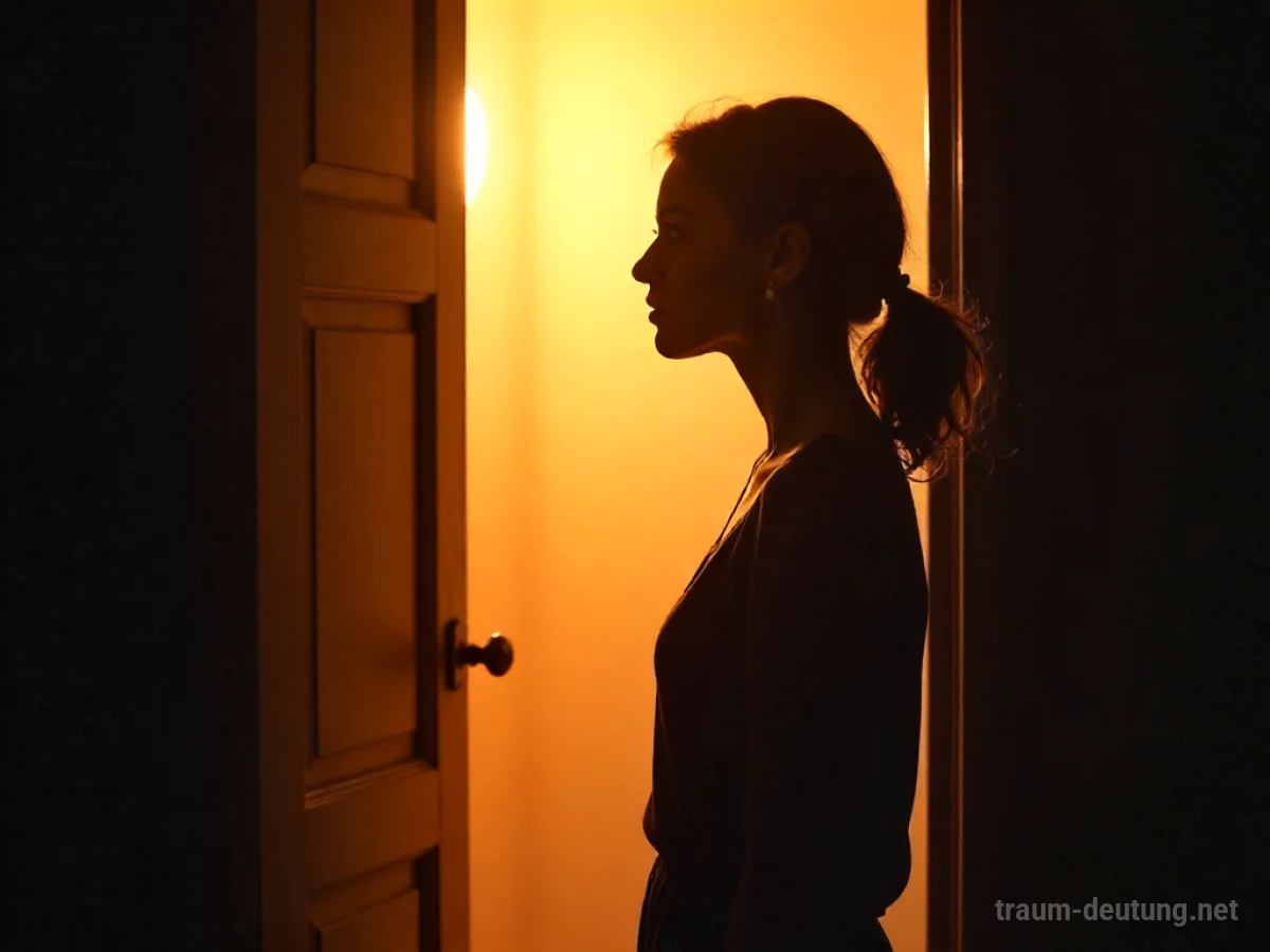 Silhouette einer Frau, die an einer Tür steht, mit Licht von drinnen