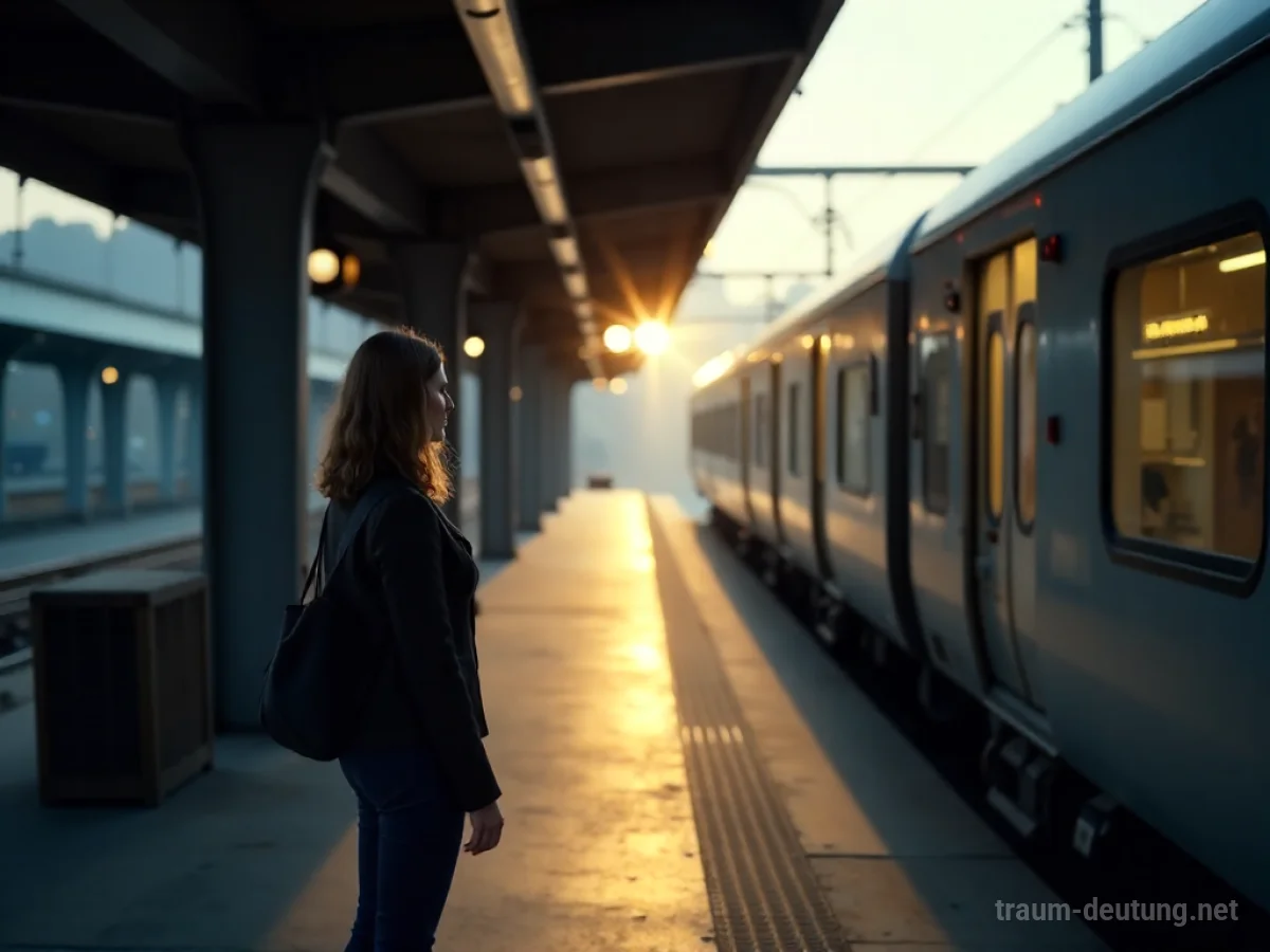 Frau steht allein auf einem Bahnhof und winkt einem abfahrenden Zug nach