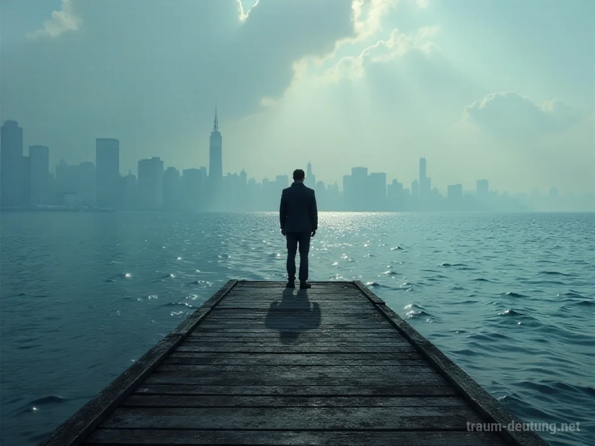 Eine Person blickt von einem Steg auf das weite Meer in Richtung einer fernen Stadtsilhouette.