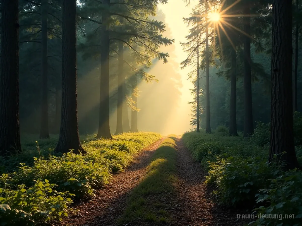 Zwei Wege im Wald, einer führt ins Licht, der andere in den Nebel.